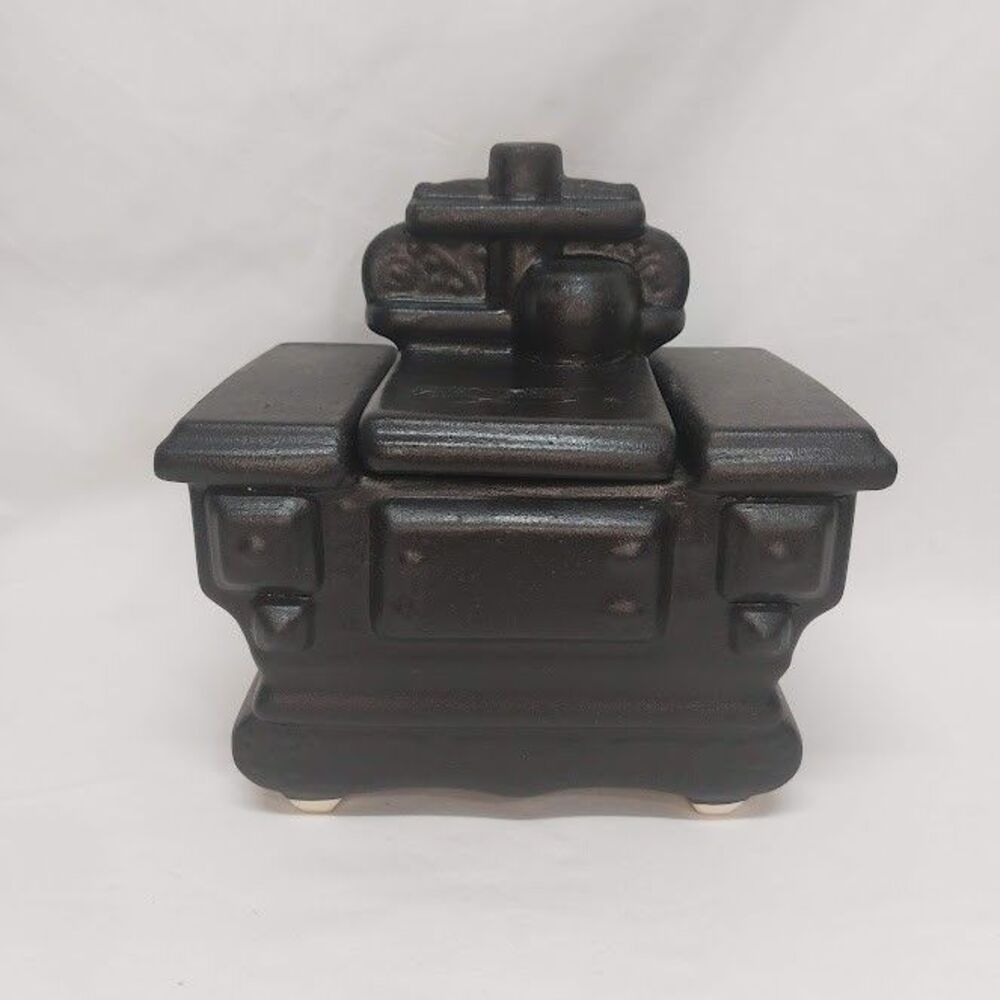 Vintage Old Black Wood Stove Ceramic Coffee/Tea Container Cookie Jar With Lid